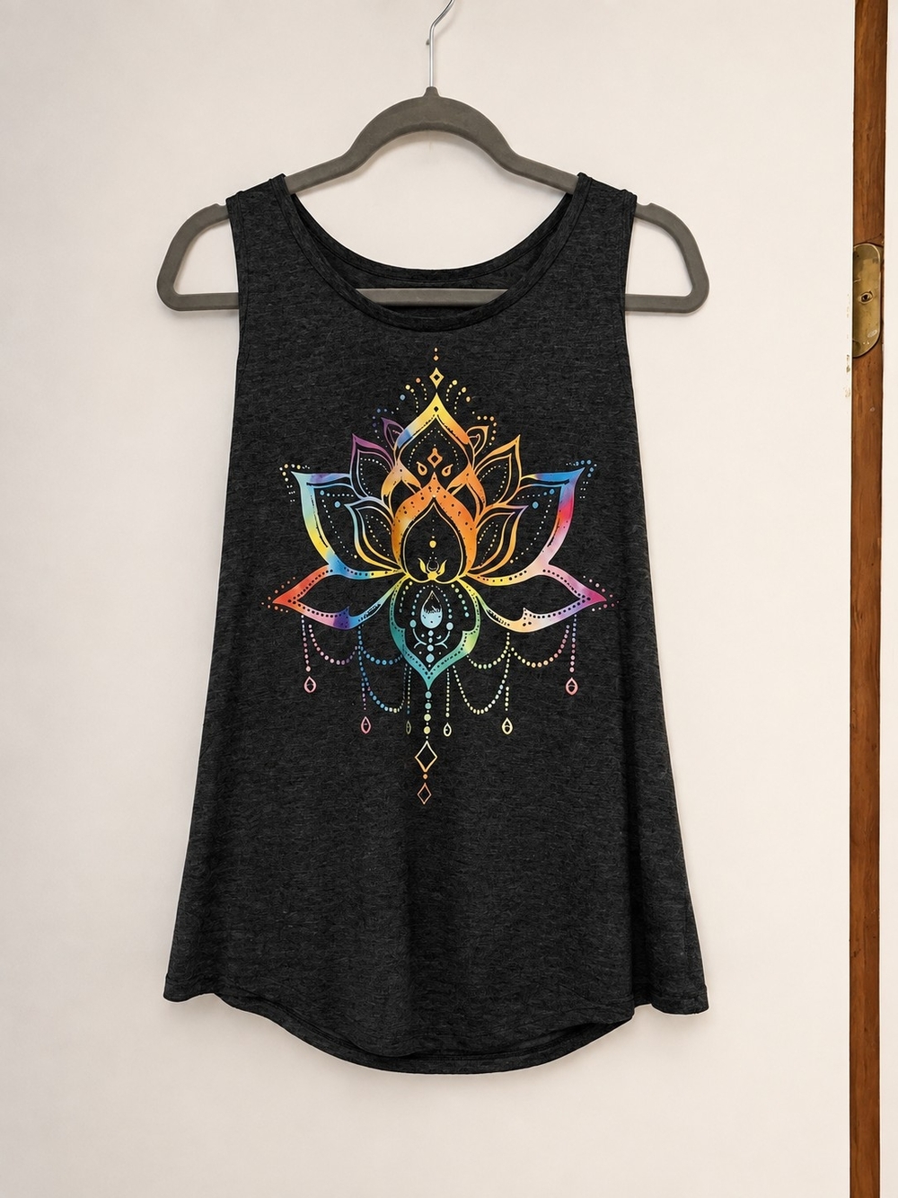Charcoal Lotus Graphic Tank Top with Rainbow Accent